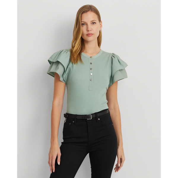 Stretch Cotton Flutter-Sleeve Henley Top