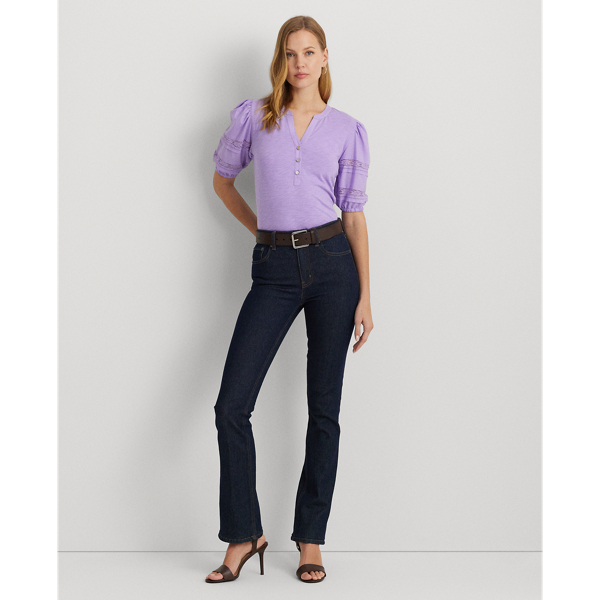 Wild Lavender Lace-Trim Jersey Puff-Sleeve Henley Tee Lauren Petite 4