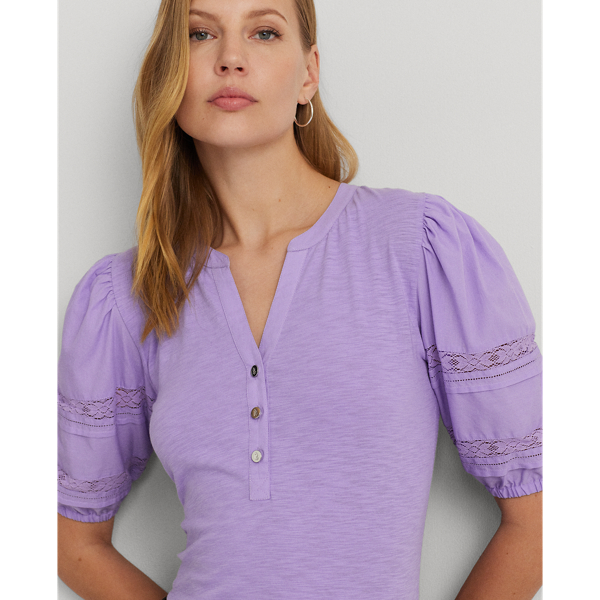 ラルフ・ローレン Lauren Ralph Lauren Lace-Trim Jersey Puff-Sleeve Henley Tee レディース Lace-Trim Jersey Puff-Sleeve Henley Tee