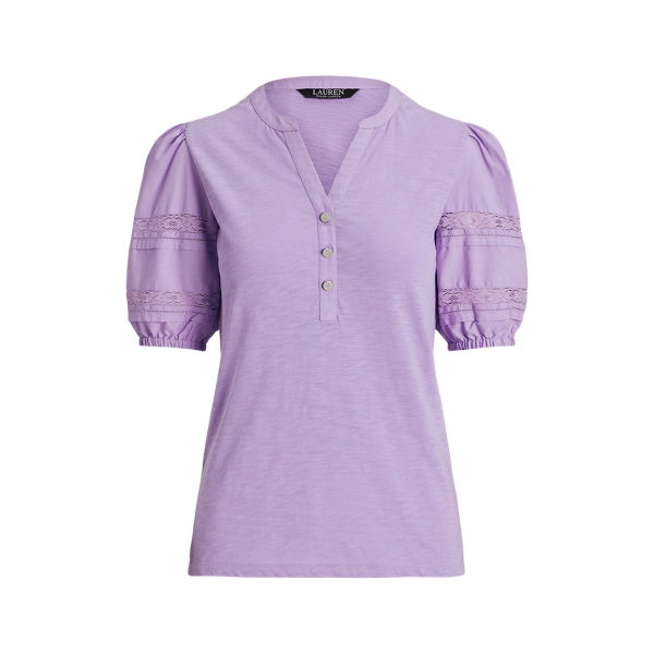 Wild Lavender Lace-Trim Jersey Puff-Sleeve Henley Tee Lauren Petite 2