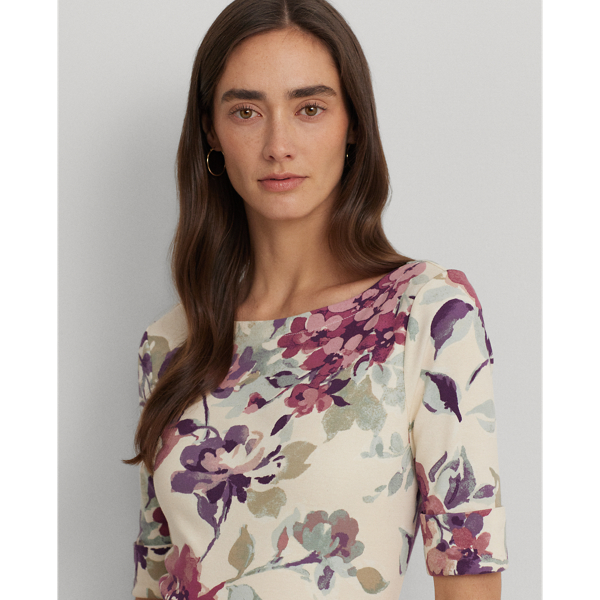 Cream Multi Floral Stretch Cotton Boatneck Tee Lauren Petite 6