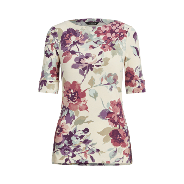 Floral Stretch Cotton Boatneck T-shirt Lauren Petite 1