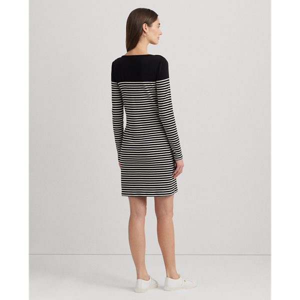 Black/Mascarpone Cream Striped Cotton Boatneck Dress Lauren Petite 5