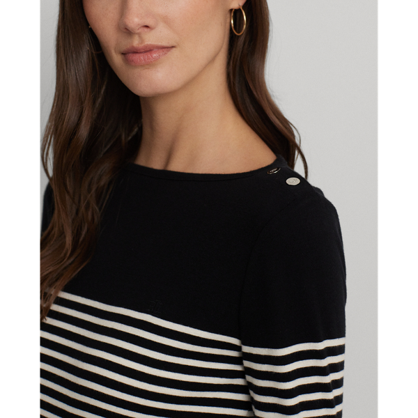 Black/Mascarpone Cream Striped Cotton Boatneck Dress Lauren Petite 6