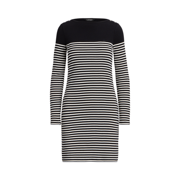 Black/Mascarpone Cream Striped Cotton Boatneck Dress Lauren Petite 2