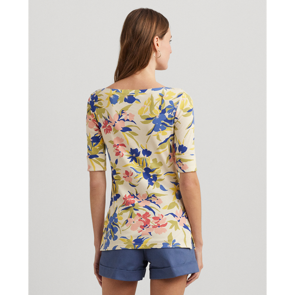 Cream/Blue Multi Floral Stretch Cotton Boatneck Tee Lauren Petite 5