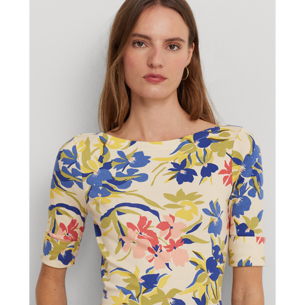 Cream/Blue Multi Floral Stretch Cotton Boatneck Tee Lauren Petite 6