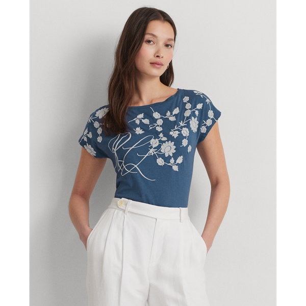 Indigo Dusk/White Floral-Embroidered Jersey Tee Lauren Petite 1