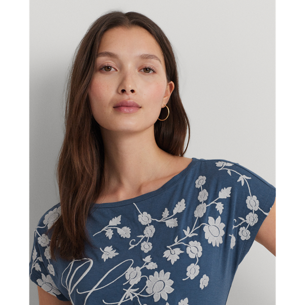 Indigo Dusk/White Floral-Embroidered Jersey Tee Lauren Petite 6