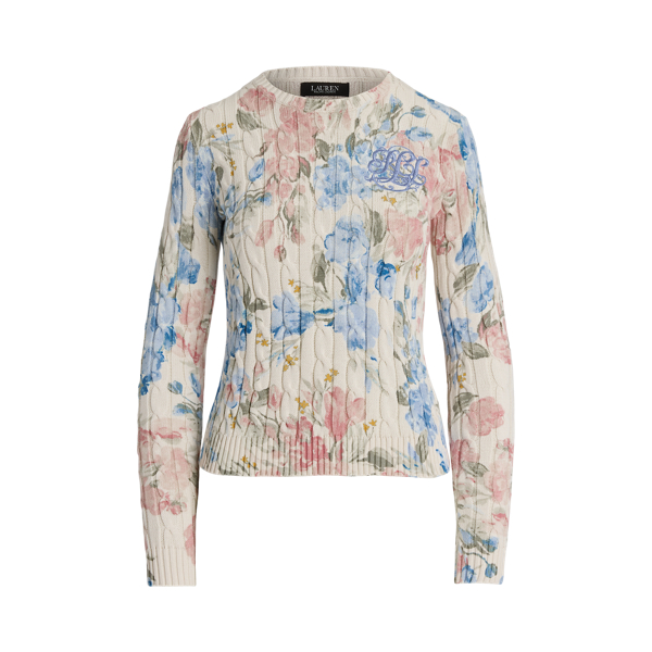 Floral Cable-Knit Cotton Sweater Lauren Petite 1