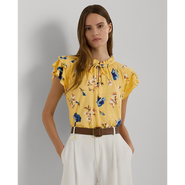 Yellow Multi Floral Linen-Blend Jersey Tie-Neck Top Lauren Petite 1