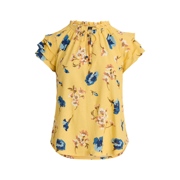ラルフ・ローレン Lauren Ralph Lauren Petite Floral Linen-Blend Jersey Tie-Neck Top Lauren Ralph Lauren Women's Floral Linen-Blend Jersey Tie
