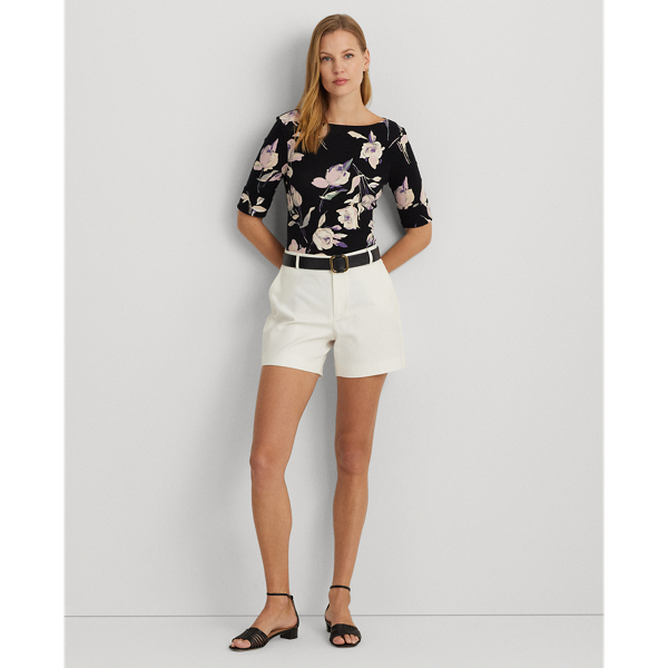 Black/Cream Multi Floral Stretch Cotton Boatneck Tee Lauren Petite 4