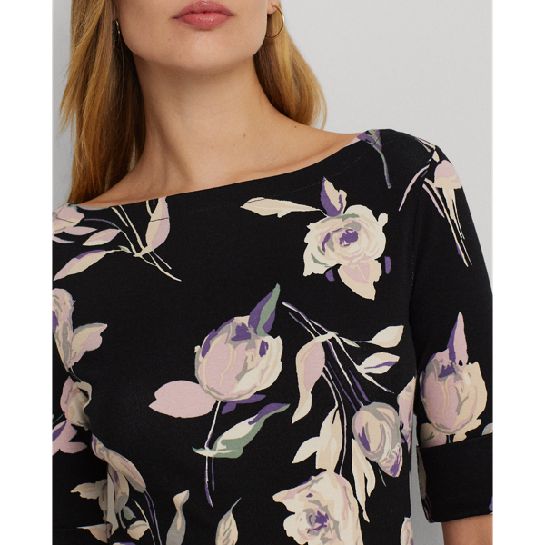 Black/Cream Multi Floral Stretch Cotton Boatneck Tee Lauren Petite 6