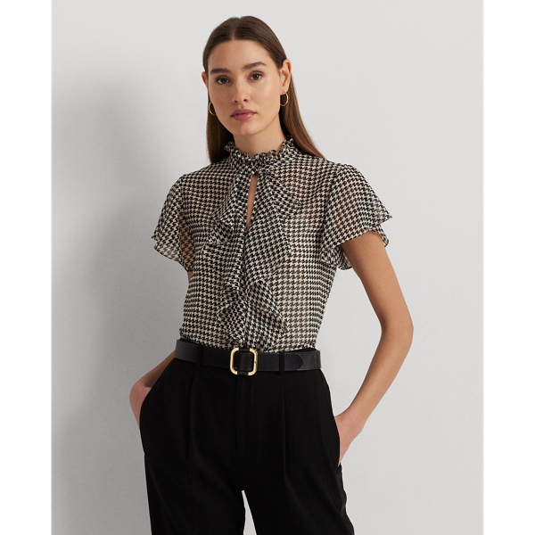 Houndstooth Ruffle-Trim Chiffon Blouse