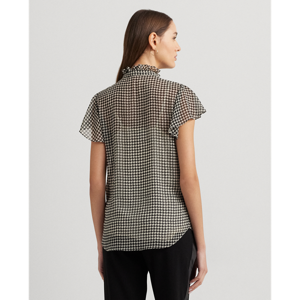 Cream/Black Houndstooth Ruffle-Trim Chiffon Blouse Lauren Petite 5