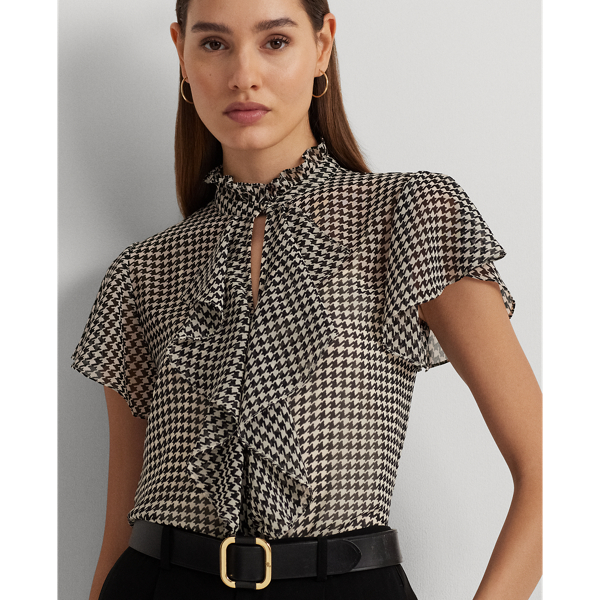 Cream/Black Houndstooth Ruffle-Trim Chiffon Blouse Lauren Petite 6