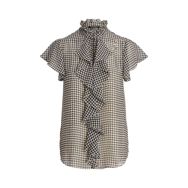 Cream/Black Houndstooth Ruffle-Trim Chiffon Blouse Lauren Petite 2