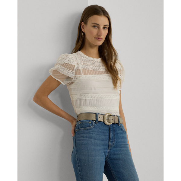 Mascarpone Cream Lace-Trimmed Mesh Puff-Sleeve Blouse Lauren Petite 1