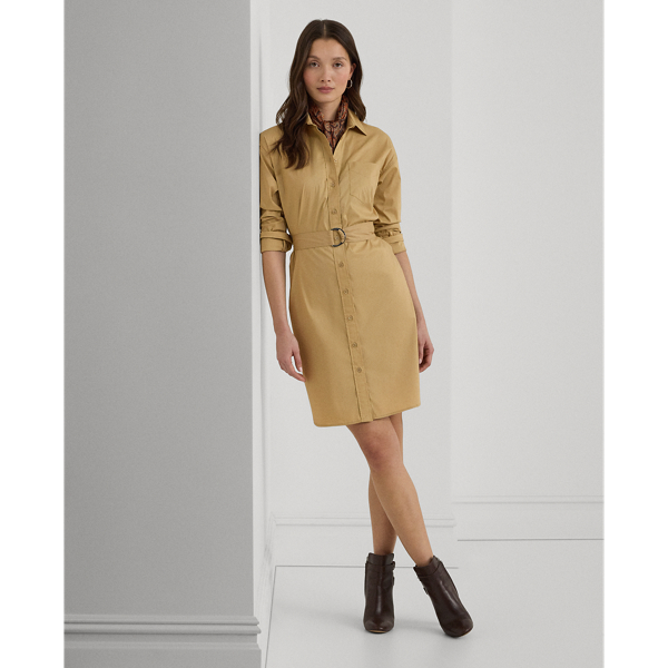 Birch Tan Belted Stretch-Cotton Blend Shirtdress Lauren Petite 1