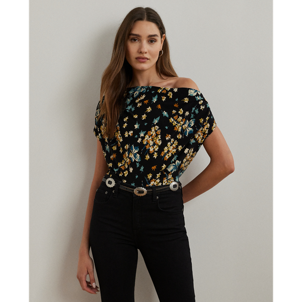 Black Multi Floral Jersey Off-the-Shoulder Top Lauren Petite 1