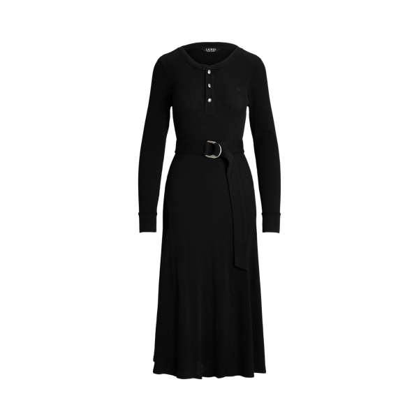 Belted Waffle-Knit Cotton Henley Dress