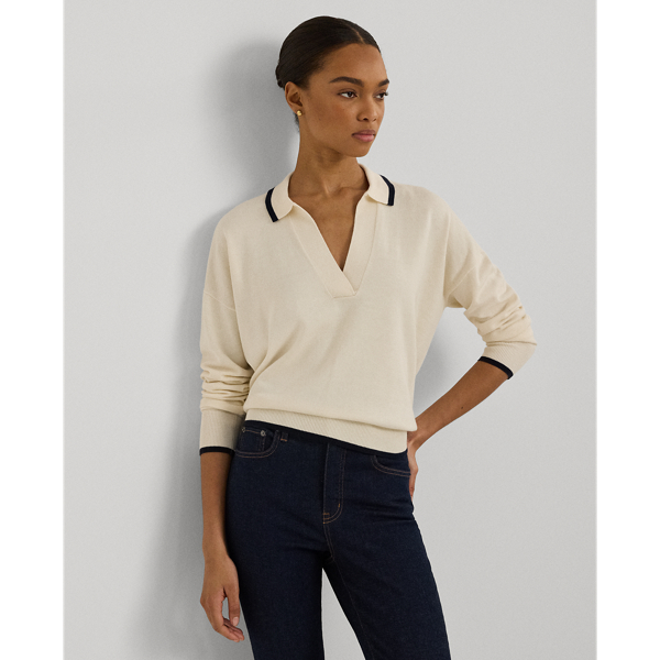 Mascarpone Cream/Navy Two-Tone Cotton-Blend Polo Sweater Lauren Petite 1