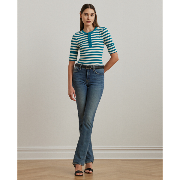 Turquoise Sky/Mascarpone Striped Stretch Cotton Henley Tee Lauren Petite 4