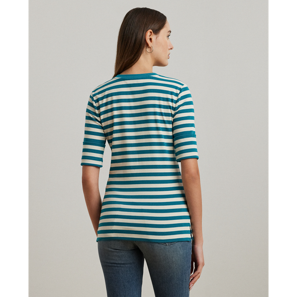 Turquoise Sky/Mascarpone Striped Stretch Cotton Henley Tee Lauren Petite 5