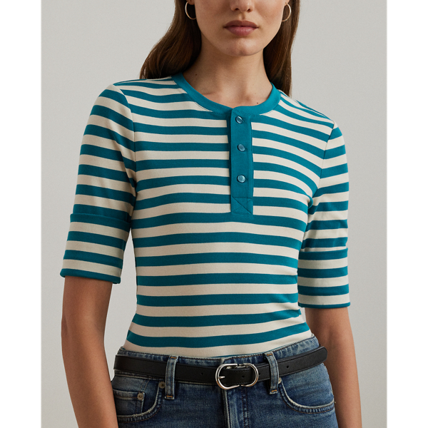Turquoise Sky/Mascarpone Striped Stretch Cotton Henley Tee Lauren Petite 6