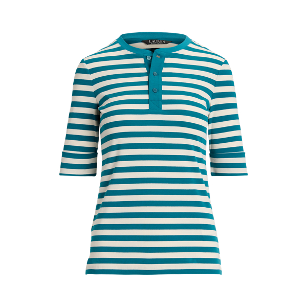 Turquoise Sky/Mascarpone Striped Stretch Cotton Henley Tee Lauren Petite 2