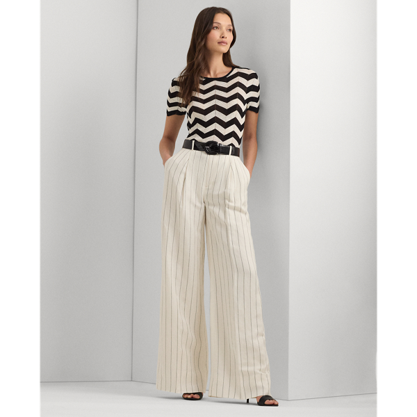 Mascarpone Cream/Black Striped Linen-Blend Wide-Leg Pant Lauren Petite 1