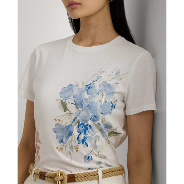 White Floral Eyelet Cotton Jersey Tee Lauren Petite 6
