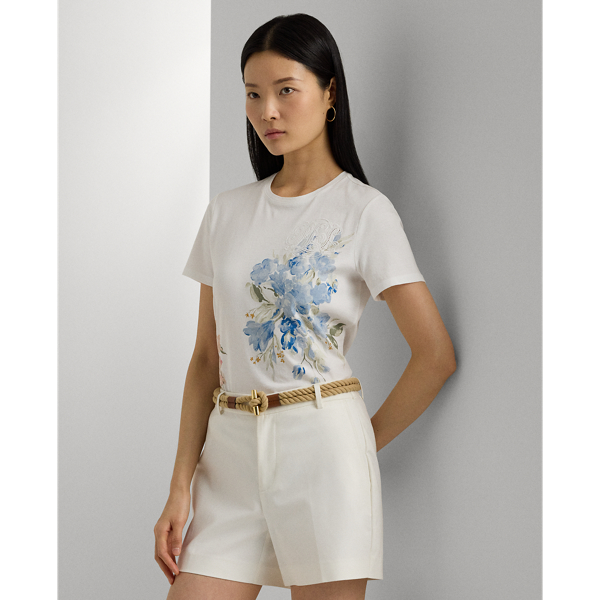 White Floral Eyelet Cotton Jersey Tee Lauren Petite 7