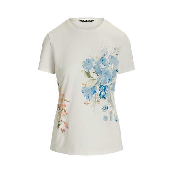 White Floral Eyelet Cotton Jersey Tee Lauren Petite 2