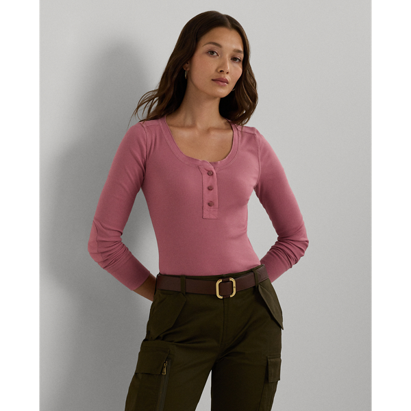 Rose Blush Stretch Cotton Long-Sleeve Henley Tee Lauren Petite 1