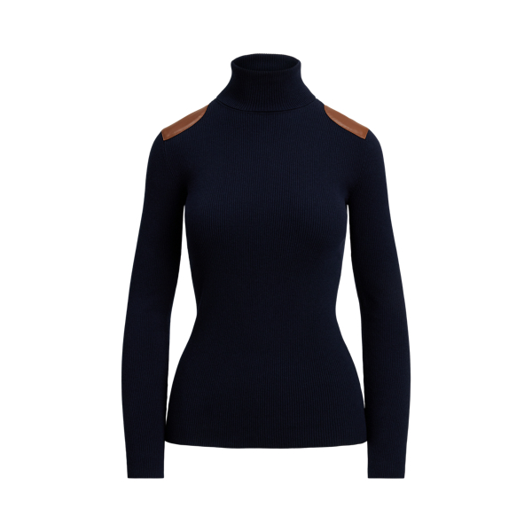 Faux-Leather-Trim Rib-knit Roll Neck Lauren Petite 1