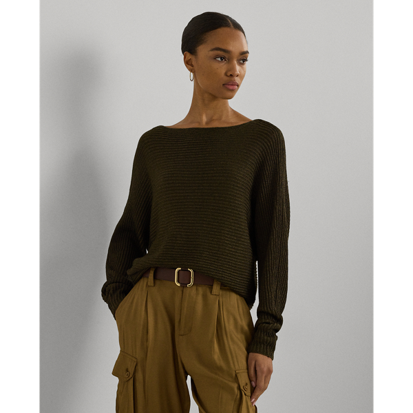 Botanic Green Metallic Rib-Knit Boatneck Sweater Lauren Petite 1