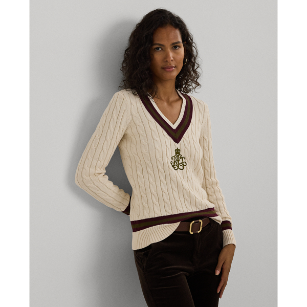 Cream/Pinot Noir Cable-Knit Cotton Cricket Sweater Lauren Petite 1