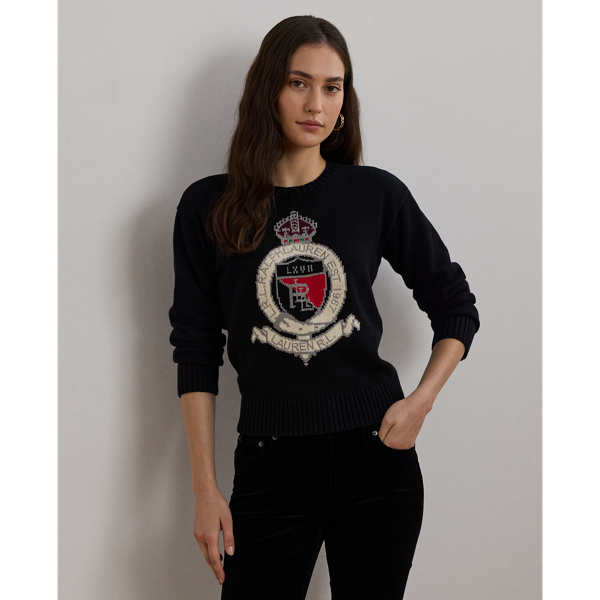 Black Multi Intarsia-Knit Crest Cotton Sweater Lauren Petite 1