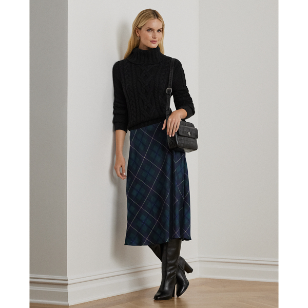 Blue/Black/Green Plaid Satin Charmeuse Midi Skirt Lauren Petite 1