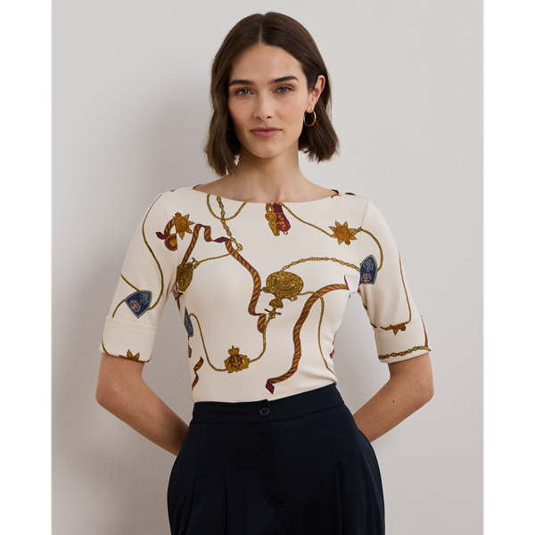 Cream Multi Baumwoll-T-Shirt mit U-Boot-Ausschnitt Lauren Petite 1
