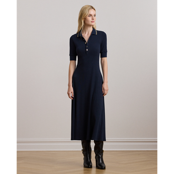 Lauren Navy/Relic Gold Cotton-Blend Polo Dress Lauren Petite 1