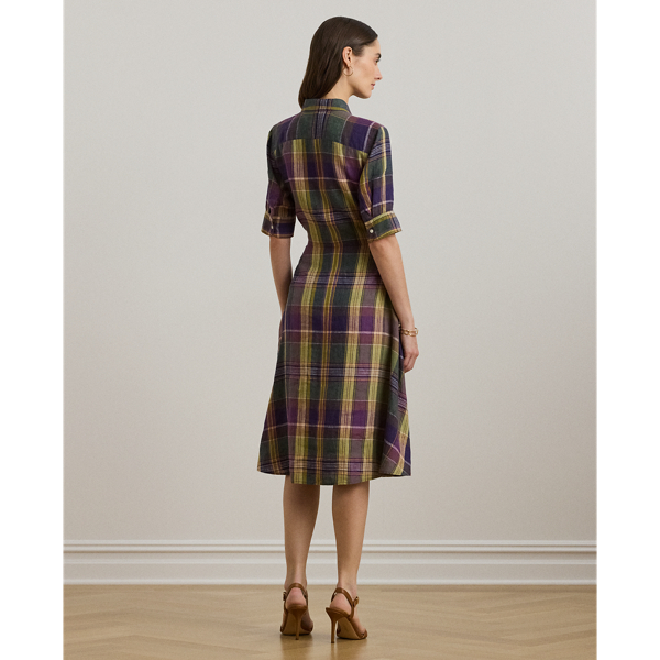 Plaid Tie-Front Linen Shirtdress