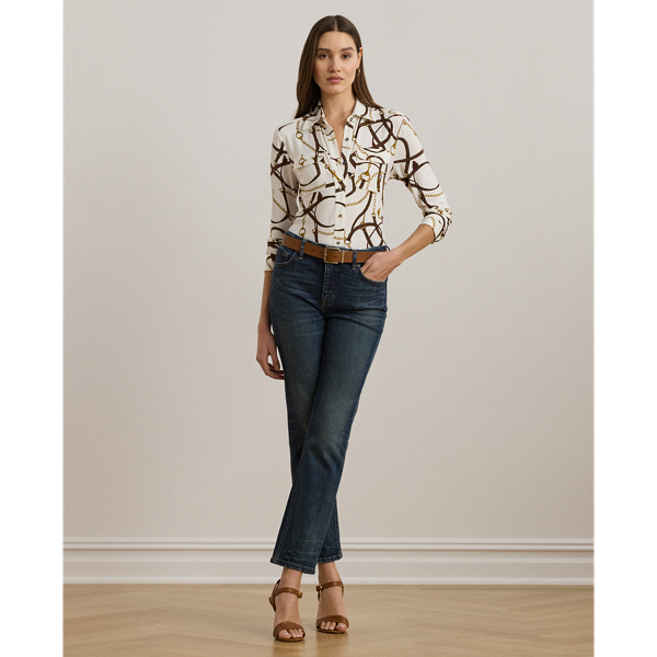 売れ筋商品|||ラルフローレン シャツ レディース トップス SLIM FIT BELTING PRINT JERSEY SHIRT - Button-down blouse - cream/multi-colored Slim Fit Belting-Print Jersey Shirt