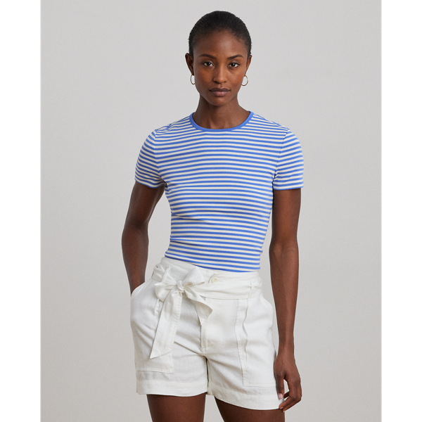 Soft Lazuli/ Mascarpone C Gestreiftes Rundhals-T-Shirt mit Stretch Lauren Petite 1