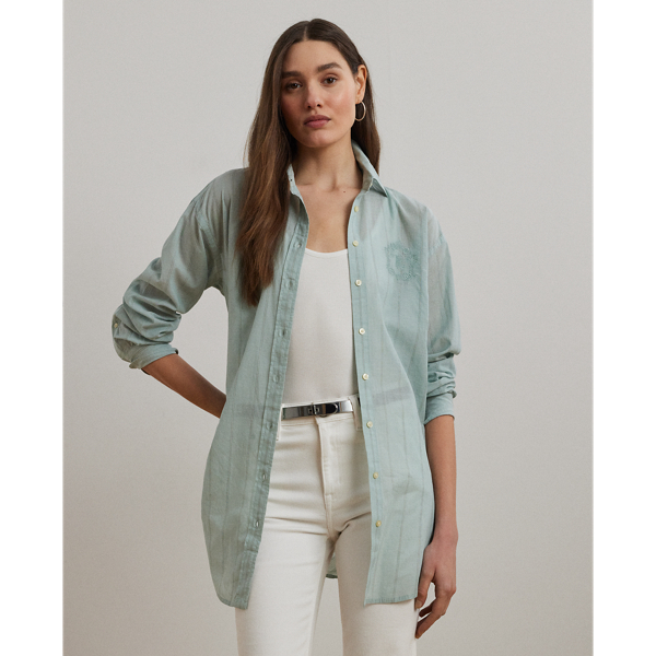 売れ筋商品|||ラルフローレン カットソー トップス レディース Plus Size Oversize Striped Cotton Voile Shirt Light Blue Pink Multi Oversize Striped Cotton Voile Shirt