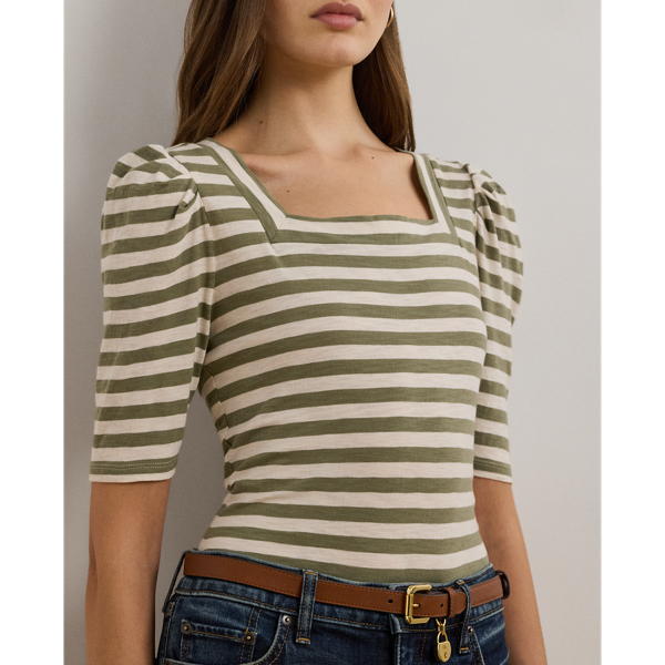 Sage Green/Cream Striped Cotton Jersey Puff-Sleeve Tee Lauren Petite 6