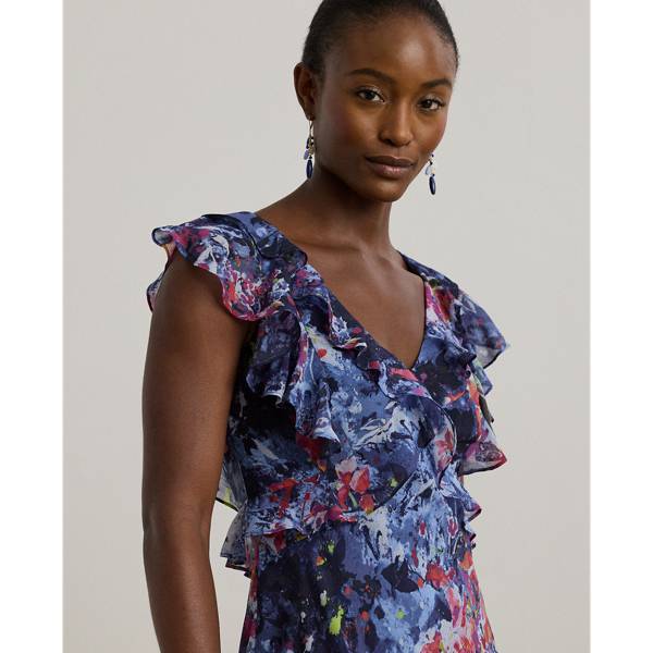 Print Ruffle-Trim Georgette Midi Dress