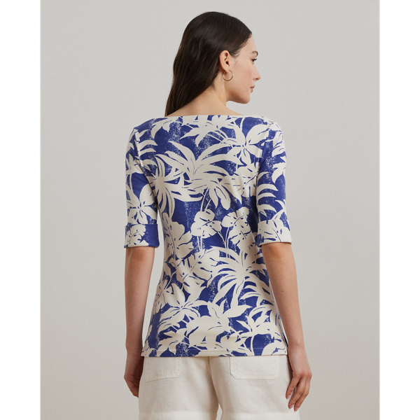 売れ筋商品|||ラルフローレン カットソー トップス レディース Petite Palm-Frond-Print Cotton Boatneck Tee Blue White Palm-Frond-Print Cotton Boatneck Tee